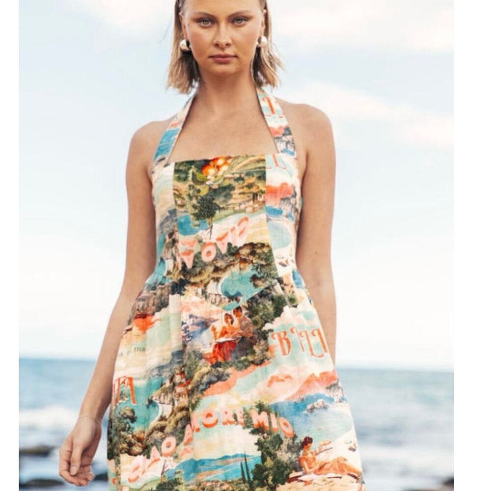 White Closet Italian Riviera Scenic Print Halter Midi Dress Resort Vacation M